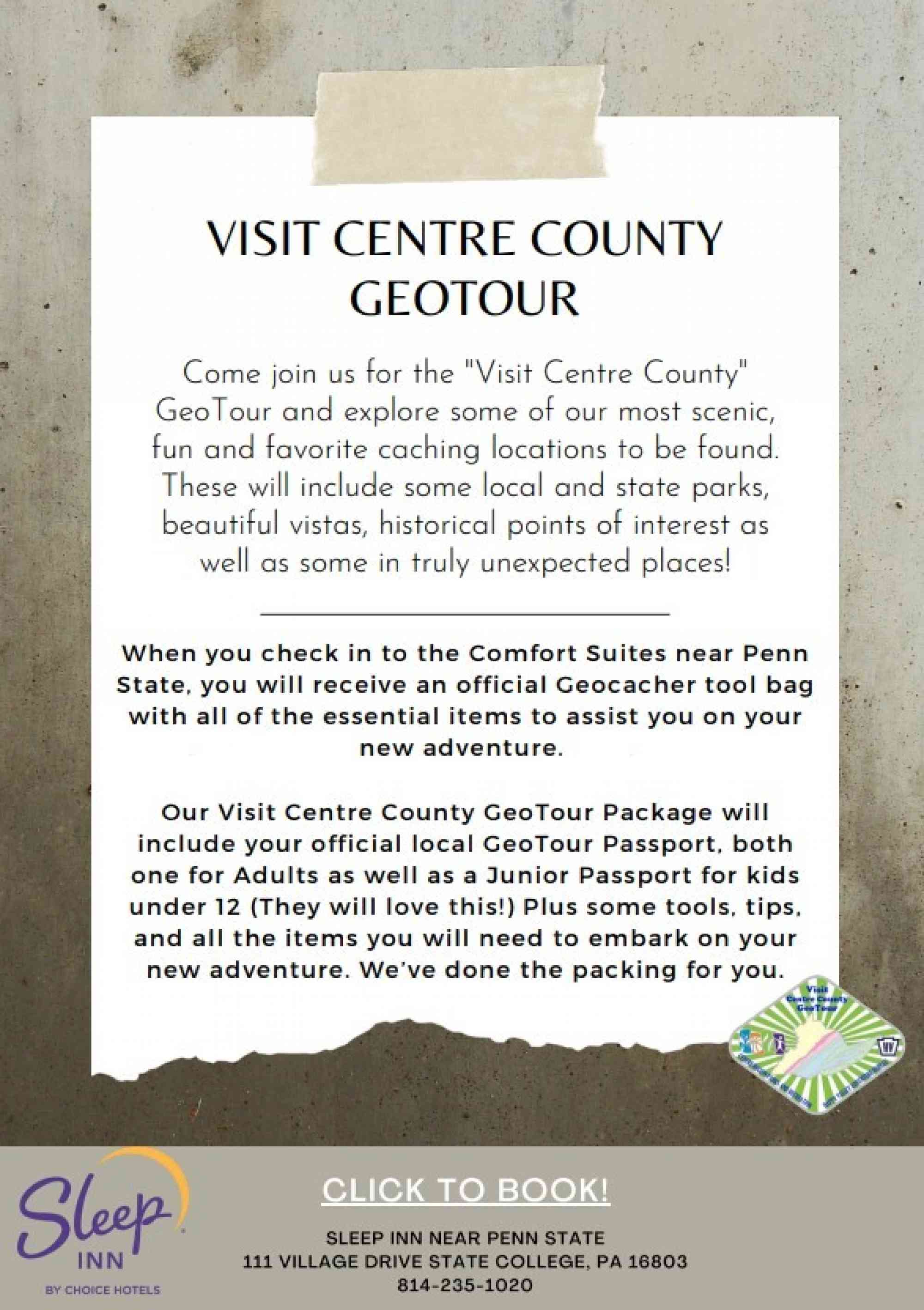Visit Centre County Geo Tour Package Flyer Sleep Inn near Penn State screen shot